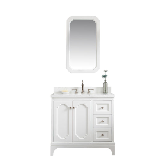 Water Creation | Queen 36-Inch Single Sink Quartz Carrara Vanity In Pure White With Matching Mirror(s) and F2-0012-05-TL Lavatory Faucet(s) | QU36QZ05PW-Q21TL1205