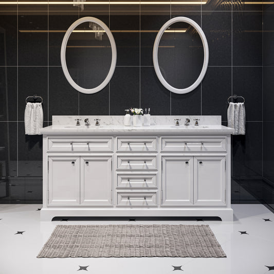 Water Creation | 72 Inch Pure White Double Sink Bathroom Vanity With Matching Framed Mirrors And Faucets From The Derby Collection | DE72CW01PW-O24BX0901