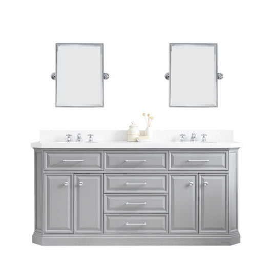 Water Creation | 72" Palace Collection Quartz Carrara Cashmere Grey Bathroom Vanity Set With Hardware, Mirror in Chrome Finish | PA72QZ01CG-E18000000