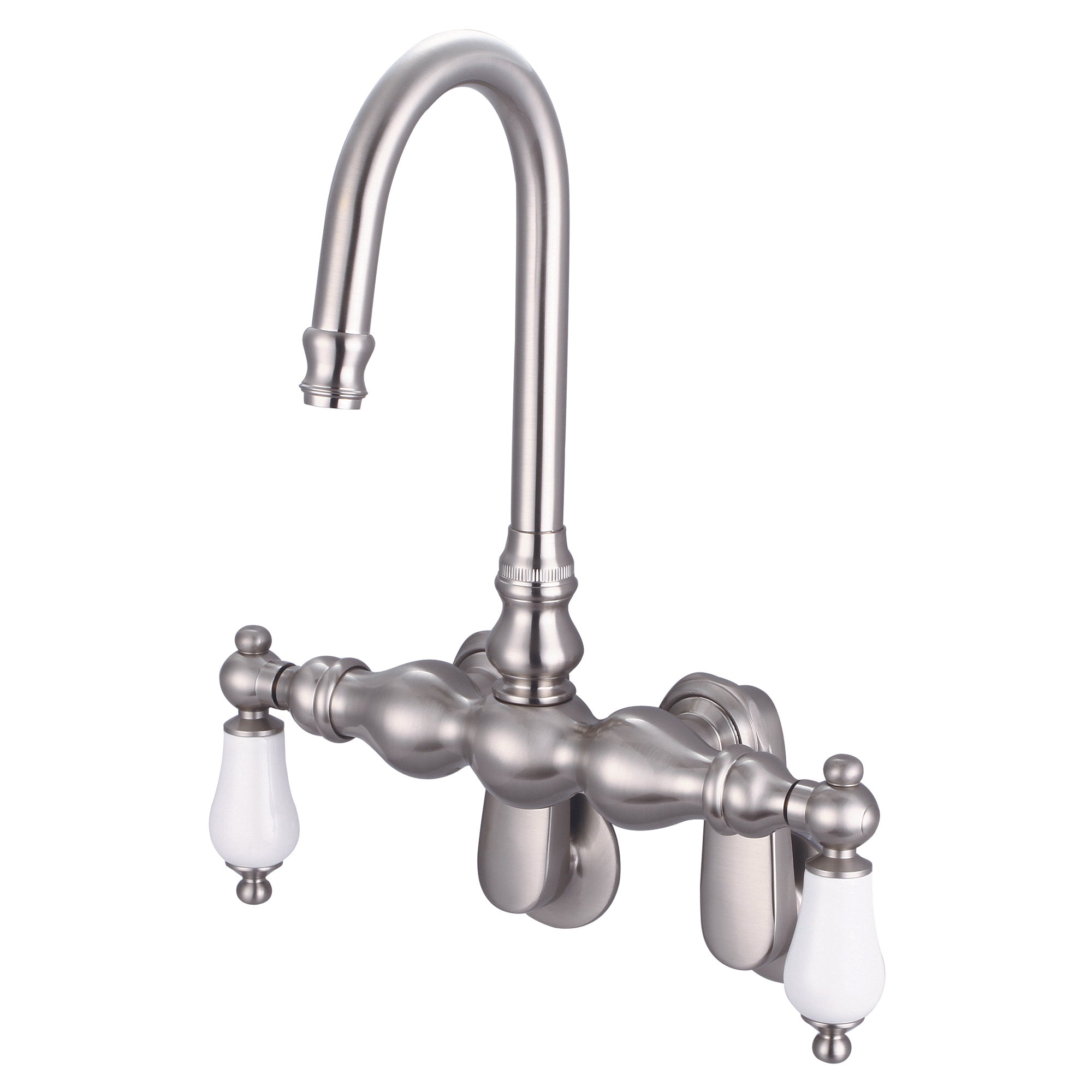 Water Creation | Vintage Classic Adjustable Spread Wall Mount Tub Faucet With Gooseneck Spout & Swivel Wall Connector in Brushed Nickel Finish With Porcelain Lever Handles Without labels | F6-0015-02-PL