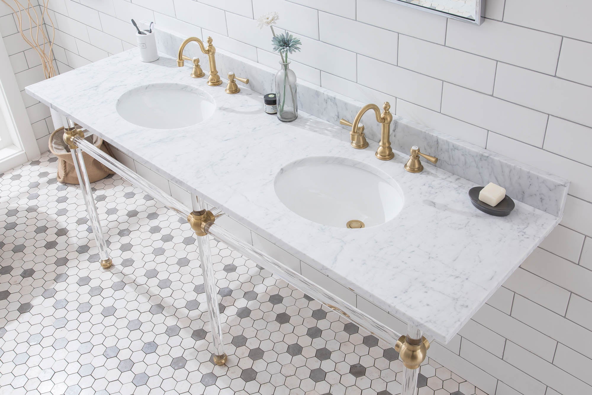 Water Creation | Empire 72 Inch Wide Double Wash Stand, P-Trap, Counter Top with Basin, F2-0012 Faucet and Mirror included in Satin Gold Finish | EP72E-0612