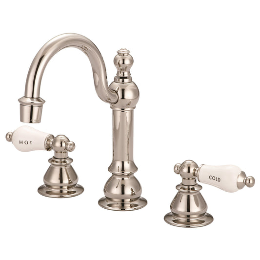 Water Creation | American 20th Century Classic Widespread Lavatory F2-0012 Faucets With Pop-Up Drain in Polished Nickel (PVD) Finish With Porcelain Lever Handles, Hot And Cold Labels Included | F2-0012-05-CL