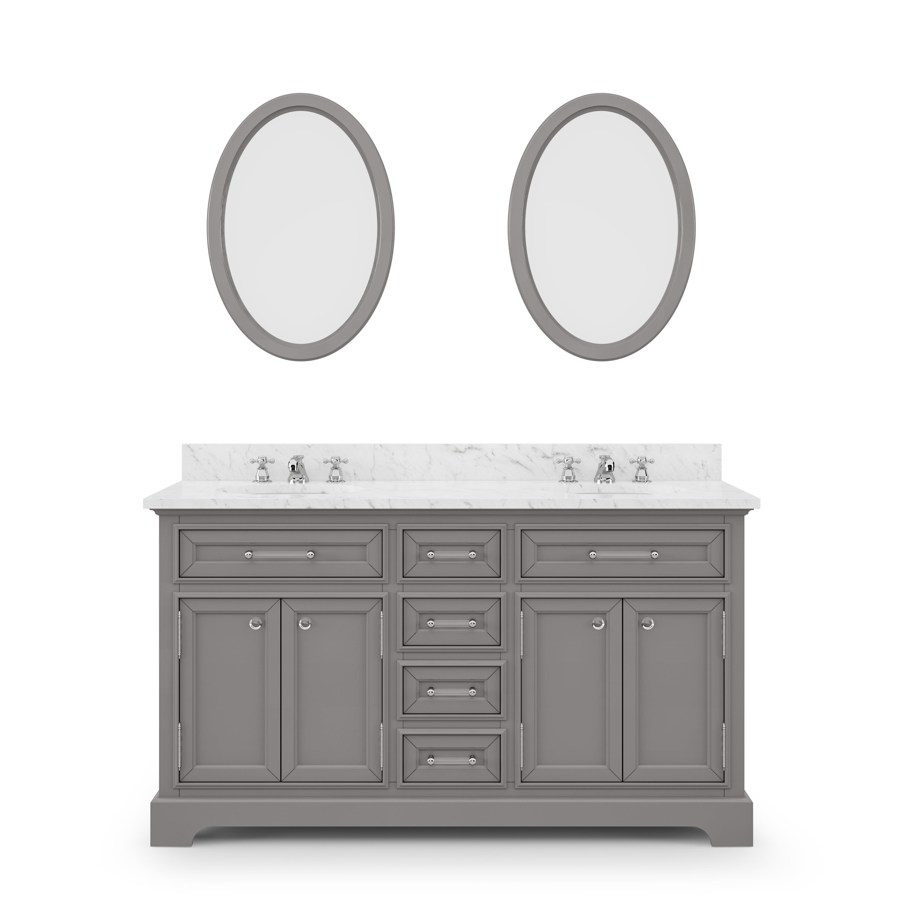 Water Creation | 60 Inch Cashmere Grey Double Sink Bathroom Vanity With Matching Framed Mirrors And Faucets From The Derby Collection | DE60CW01CG-O21BX0901