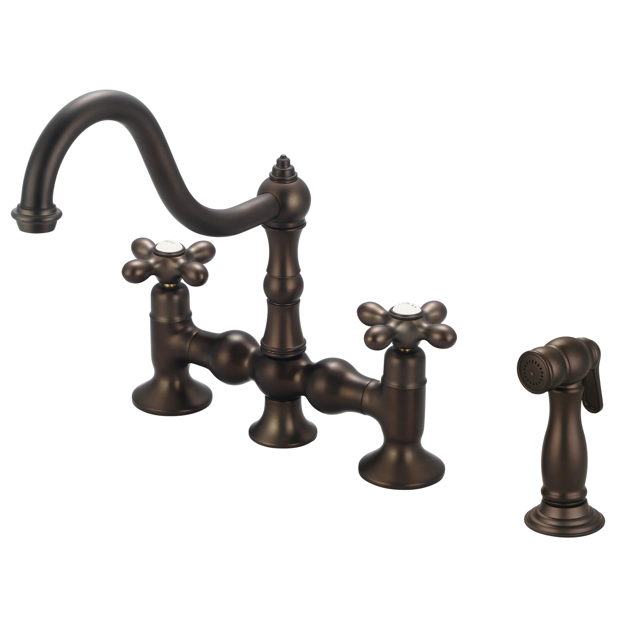 Water Creation | Bridge Style Kitchen Faucet With Side Spray To Match in Oil-rubbed Bronze Finish Finish With Metal Lever Handles, Hot And Cold Labels Included | F5-0010-03-AX