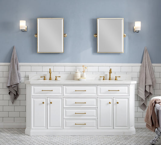 Water Creation | 72" Palace Collection Quartz Carrara Pure White Bathroom Vanity Set With Hardware And F2-0012 Faucets in Satin Gold Finish And Only Mirrors in Chrome Finish | PA72QZ06PW-E18TL1206