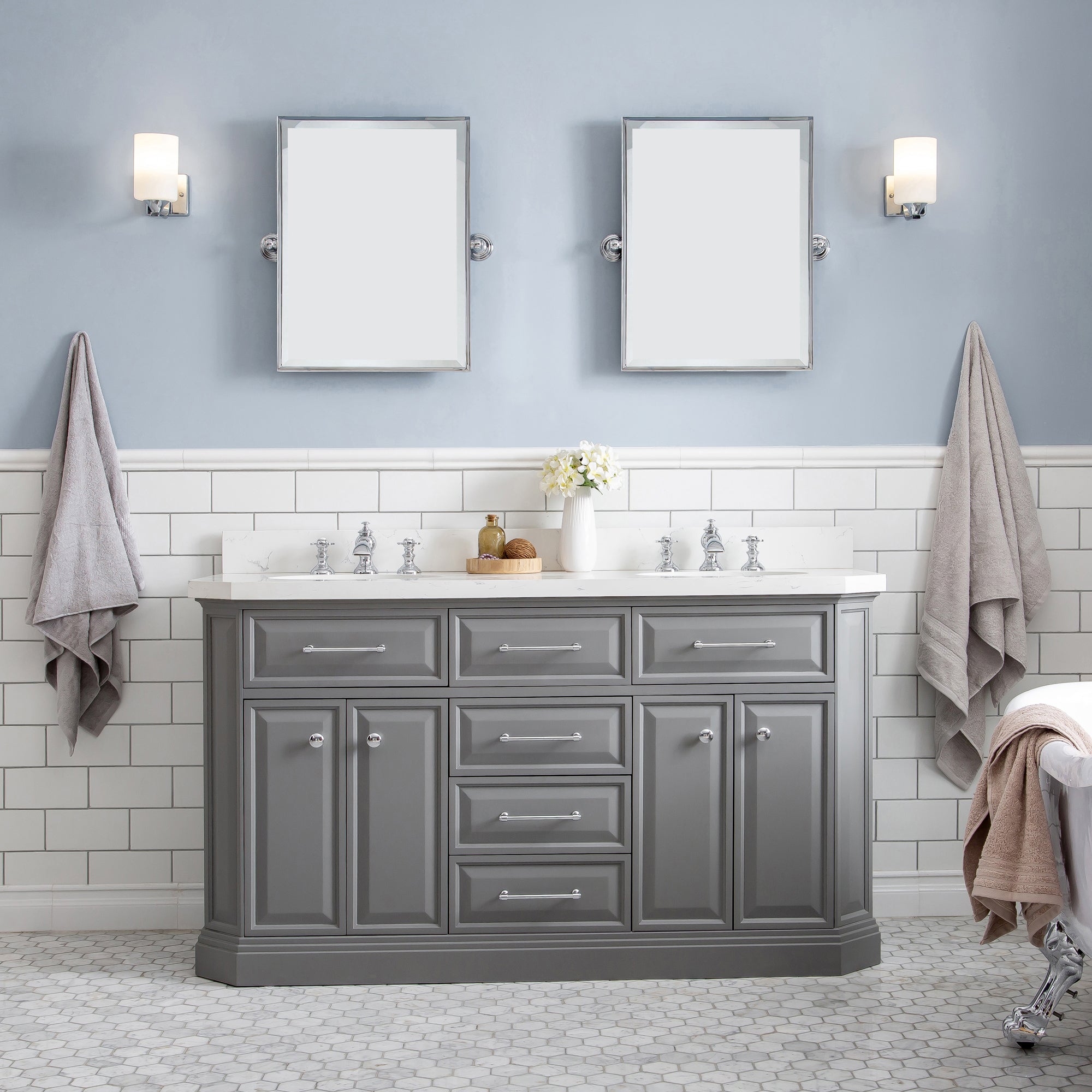 Water Creation | 60" Palace Collection Quartz Carrara Cashmere Grey Bathroom Vanity Set With Hardware And F2-0013 Faucets in Chrome Finish | PA60QZ01CG-000FX1301