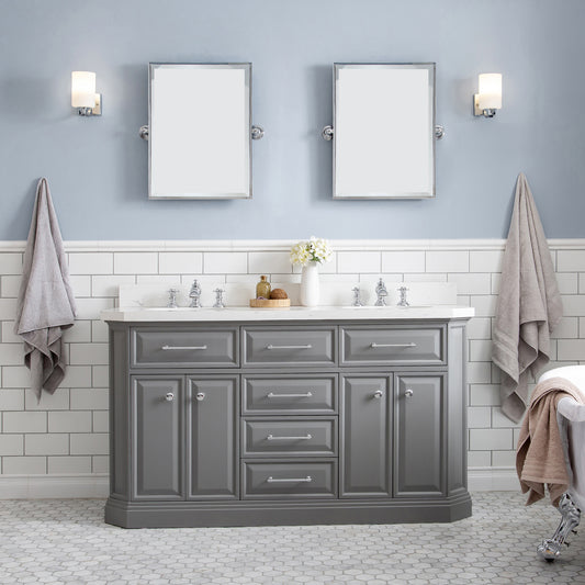 Water Creation | 60" Palace Collection Quartz Carrara Cashmere Grey Bathroom Vanity Set With Hardware And F2-0013 Faucets in Chrome Finish | PA60QZ01CG-000FX1301