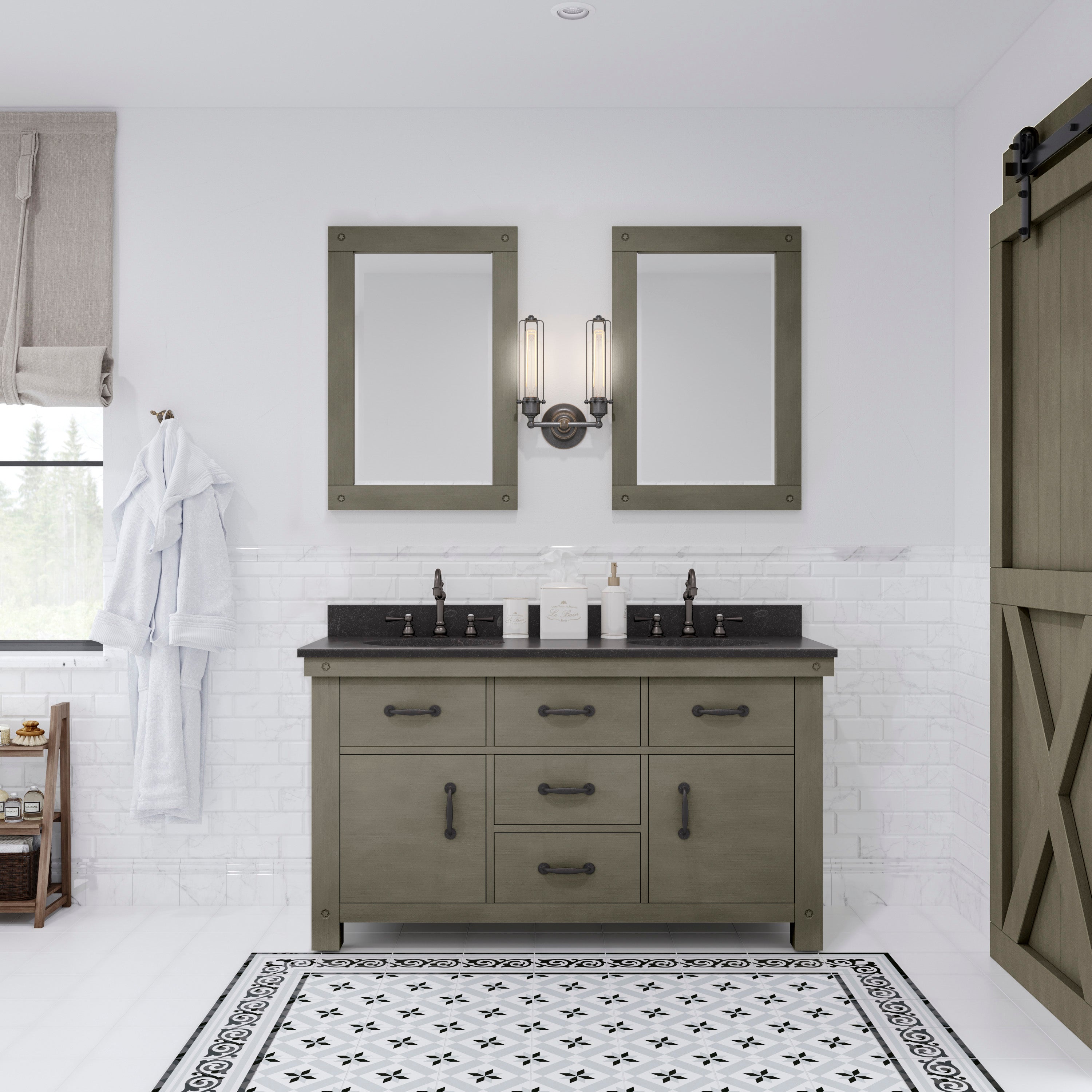 Water Creation | 60 Inch Grizzle Grey Double Sink Bathroom Vanity With Blue Limestone Counter Top From The ABERDEEN Collection | AB60BL03GG-000000000