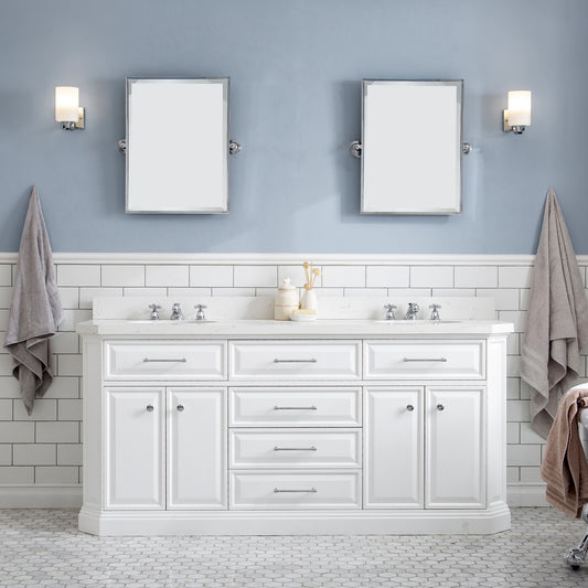 Water Creation | 72" Palace Collection Quartz Carrara Pure White Bathroom Vanity Set With Hardware, Mirror in Chrome Finish | PA72QZ01PW-E18000000