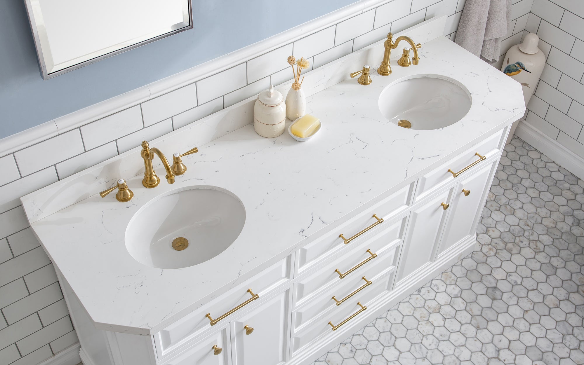 Water Creation | 72" Palace Collection Quartz Carrara Pure White Bathroom Vanity Set With Hardware And F2-0012 Faucets in Satin Gold Finish And Only Mirrors in Chrome Finish | PA72QZ06PW-000TL1206