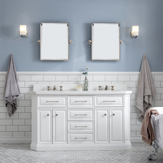 Water Creation | 60" Palace Collection Quartz Carrara Pure White Bathroom Vanity Set With Hardware And F2-0009 Faucets, Mirror in Polished Nickel (PVD) Finish | PA60QZ05PW-E18BX0905