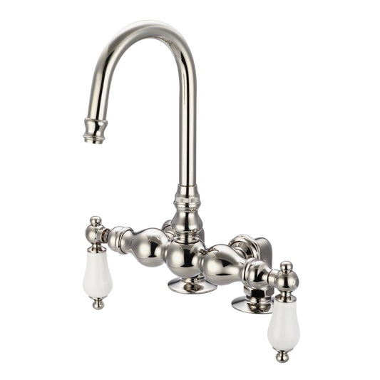 Water Creation | Vintage Classic 3.375 Inch Center Deck Mount Tub Faucet With Gooseneck Spout & 2 Inch Risers in Polished Nickel (PVD) Finish With Porcelain Lever Handles Without labels | F6-0016-05-PL