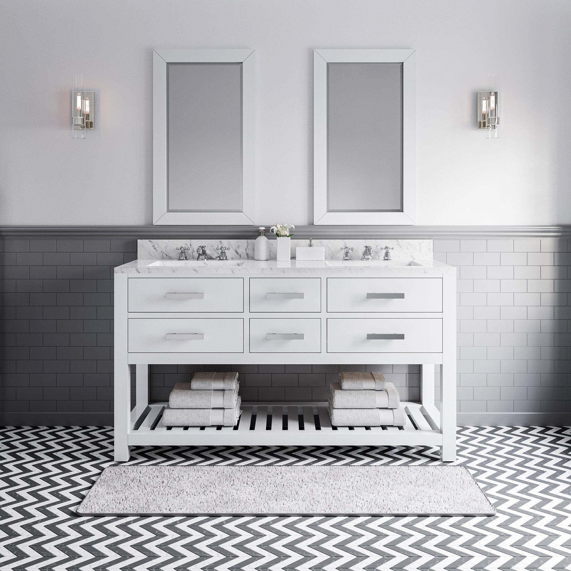 Water Creation | 60 Inch Pure White Double Sink Bathroom Vanity With 2 Matching Framed Mirrors From The Madalyn Collection | MA60CW01PW-R21000000