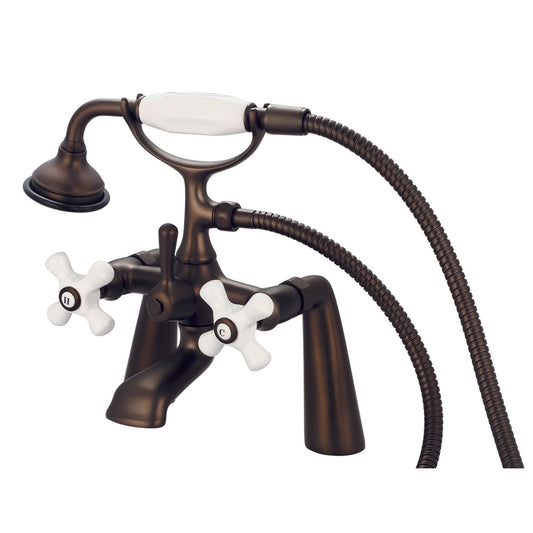 Water Creation | Vintage Classic 7 Inch Spread Deck Mount Tub Faucet With Handheld Shower in Oil-rubbed Bronze Finish Finish With Porcelain Cross Handles, Hot And Cold Labels Included | F6-0003-03-PX