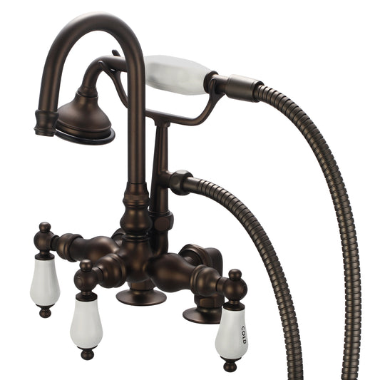 Water Creation | Vintage Classic 3.375 Inch Center Deck Mount Tub Faucet With Gooseneck Spout, 2 Inch Risers & Handheld Shower in Oil-rubbed Bronze Finish Finish With Porcelain Lever Handles, Hot And Cold Labels Included | F6-0013-03-CL
