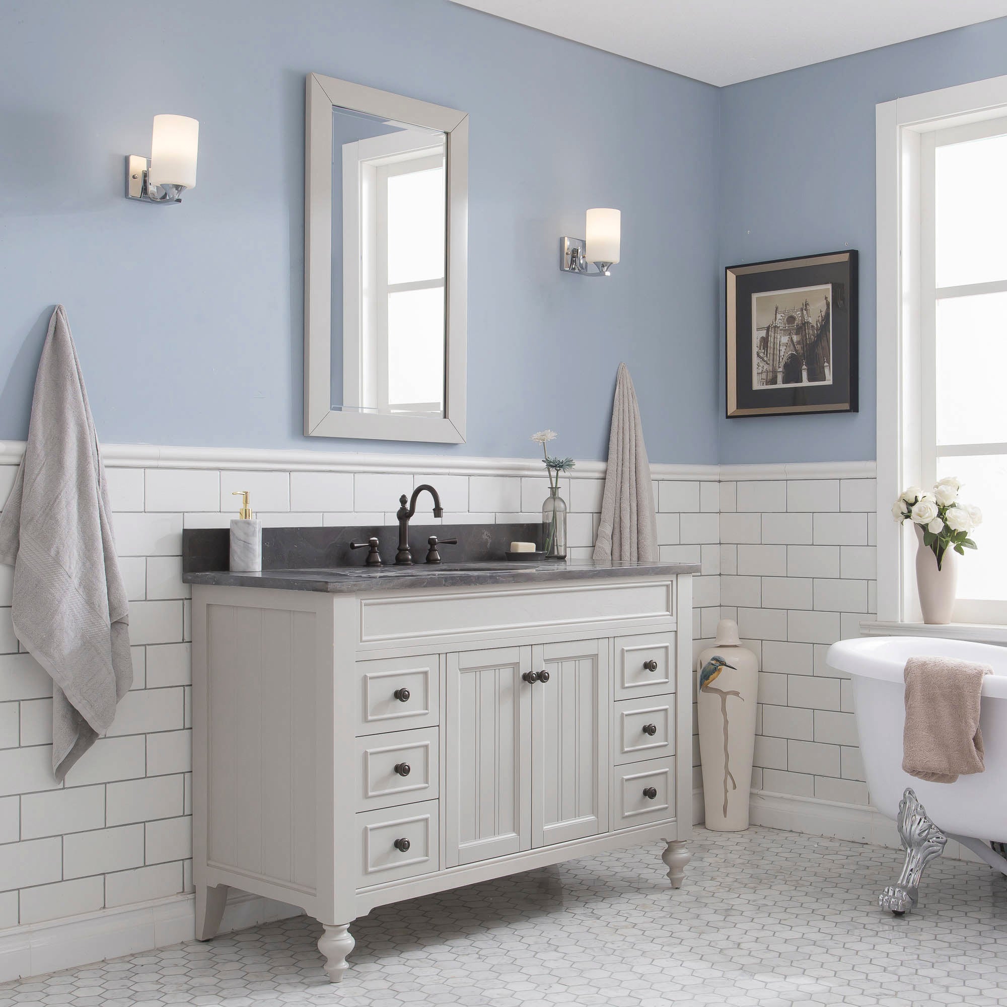 Water Creation | Potenza 48" Bathroom Vanity in Earl Grey with Blue Limestone Top with Faucet and Mirror | PO48BL03EG-R24TL1203