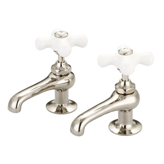 Water Creation | Vintage Classic Basin Cocks Lavatory Faucets in Polished Nickel (PVD) Finish With Porcelain Cross Handles, Hot And Cold Labels Included | F1-0003-05-PX