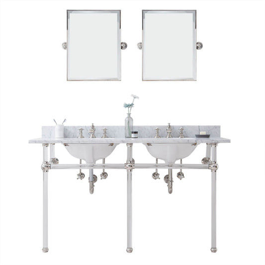 Water Creation | Empire 60 Inch Wide Double Wash Stand, P-Trap, Counter Top with Basin, F2-0013 Faucet and Mirror included in Polished Nickel (PVD) Finish | EP60E-0513