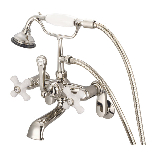 Water Creation | Vintage Classic Adjustable Center Wall Mount Tub Faucet With Swivel Wall Connector & Handheld Shower in Polished Nickel (PVD) Finish With Porcelain Cross Handles, Hot And Cold Labels Included | F6-0009-05-PX