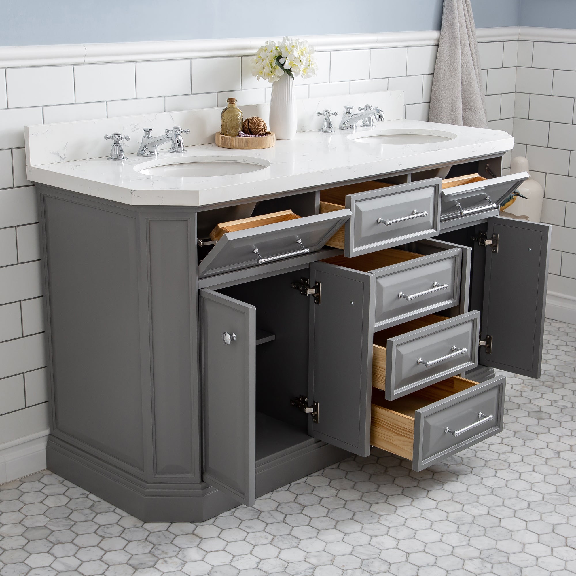 Water Creation | 60" Palace Collection Quartz Carrara Cashmere Grey Bathroom Vanity Set With Hardware in Chrome Finish | PA60QZ01CG-000000000