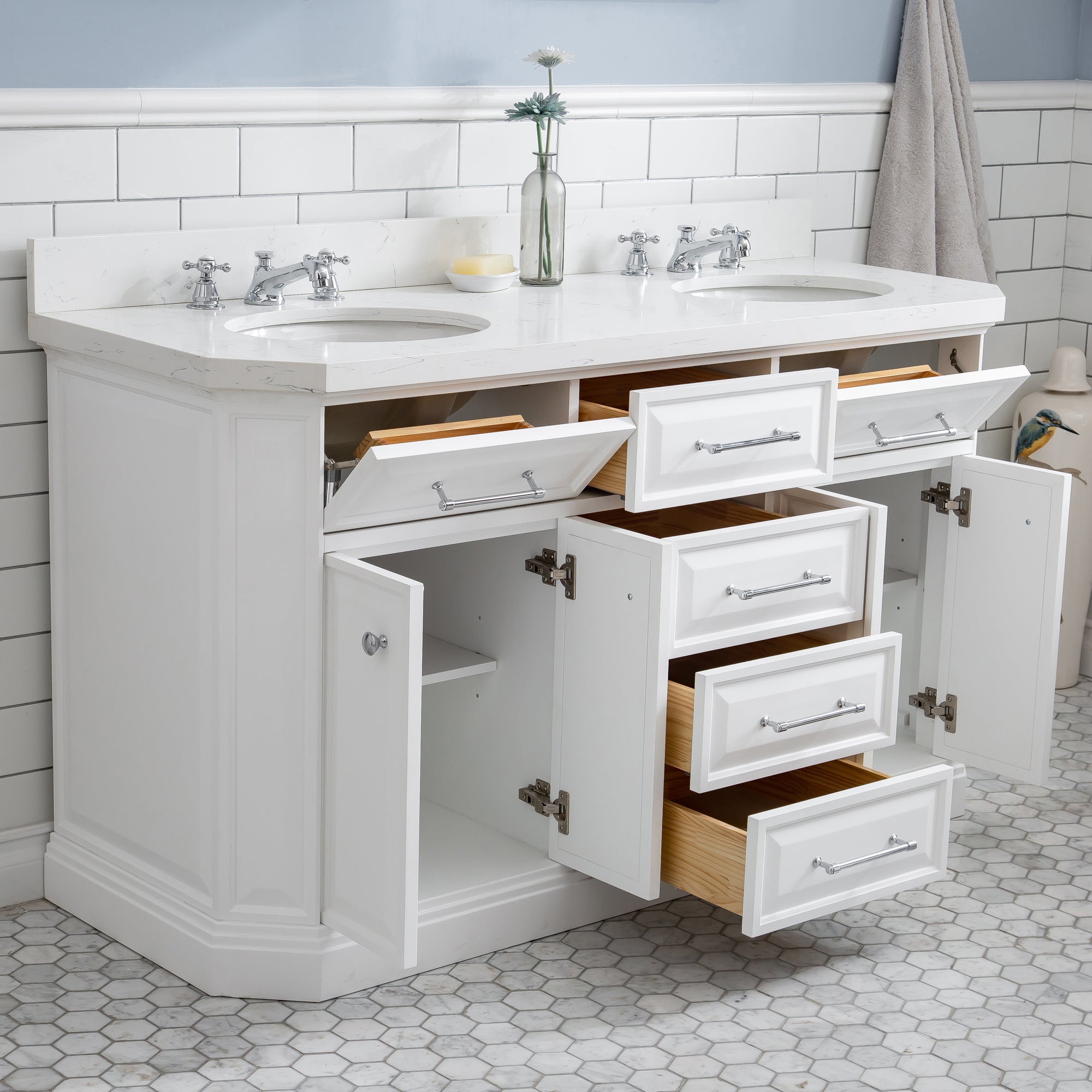 Water Creation | 60" Palace Collection Quartz Carrara Pure White Bathroom Vanity Set With Hardware in Chrome Finish | PA60QZ01PW-000000000