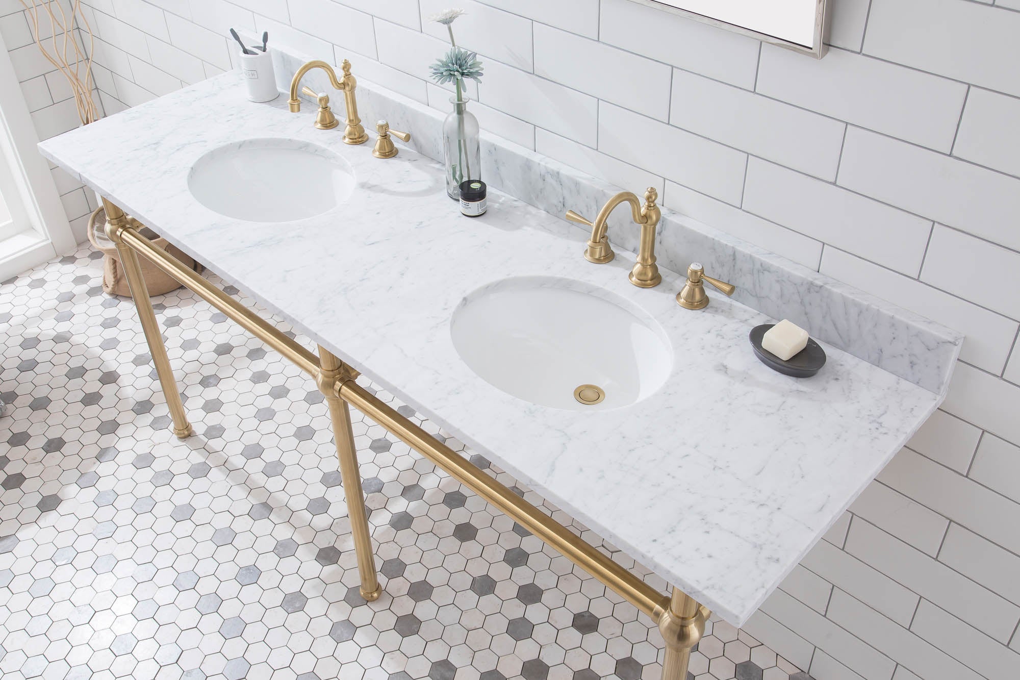 Water Creation | Embassy 72 Inch Wide Double Wash Stand, P-Trap, and Counter Top with Basin included in Satin Gold Finish | EB72C-0600