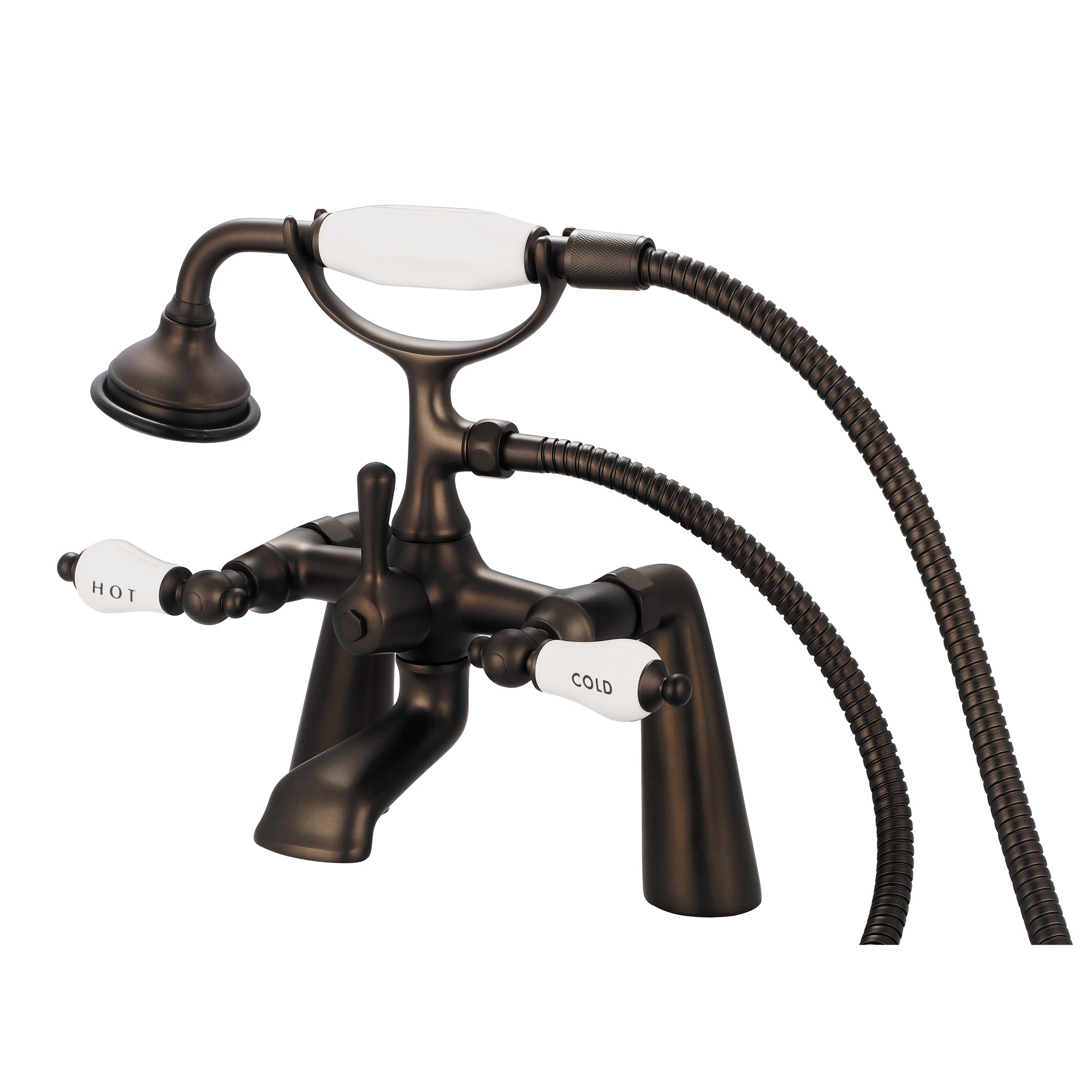 Water Creation | Vintage Classic 7 Inch Spread Deck Mount Tub Faucet With Handheld Shower in Oil-rubbed Bronze Finish Finish With Porcelain Lever Handles, Hot And Cold Labels Included | F6-0003-03-CL