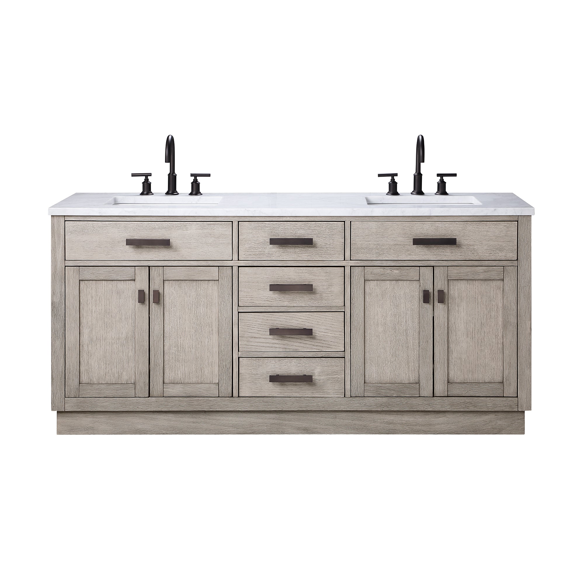 Water Creation | Chestnut 72 In. Double Sink Carrara White Marble Countertop Vanity In Grey Oak with Grooseneck Faucets | CH72CW03GK-000BL1403