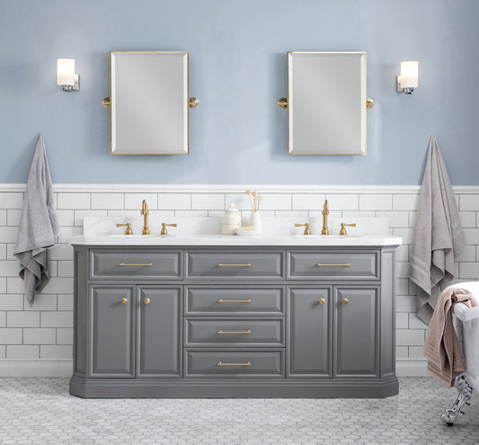 Water Creation | 72" Palace Collection Quartz Carrara Cashmere Grey Bathroom Vanity Set With Hardware And F2-0012 Faucets in Satin Gold Finish And Only Mirrors in Chrome Finish | PA72QZ06CG-000TL1206