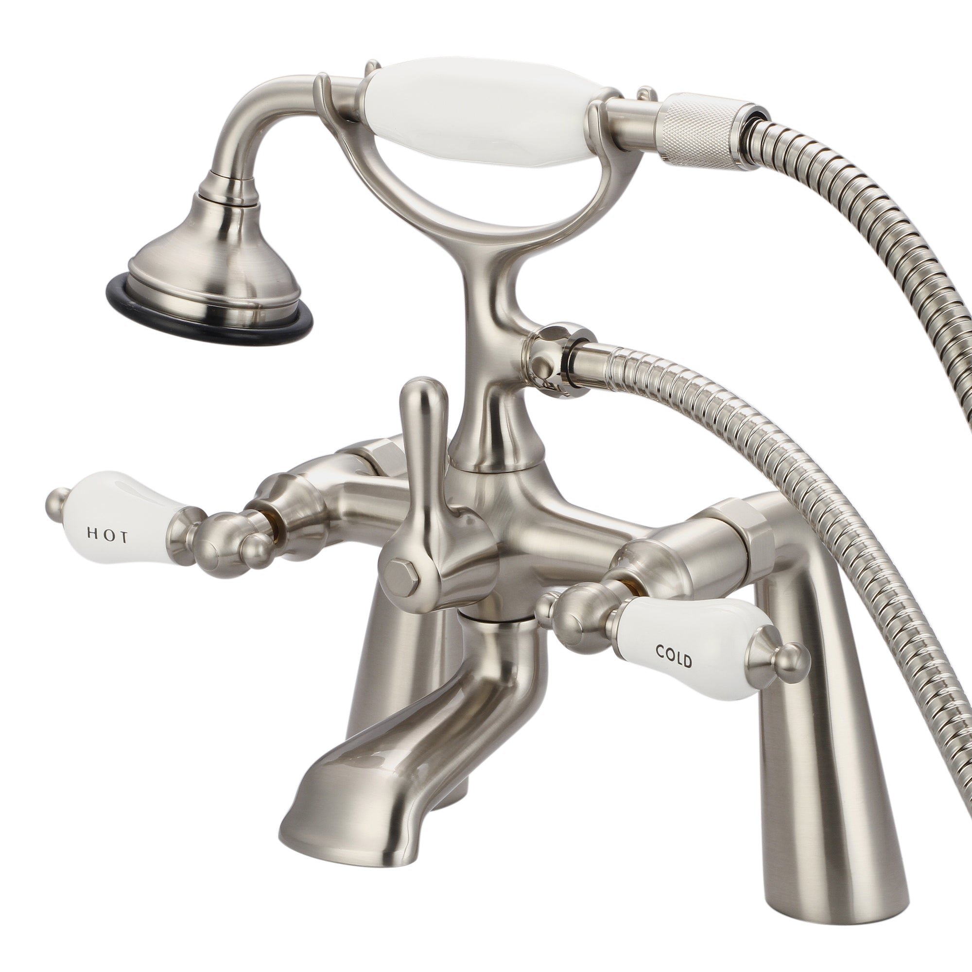 Water Creation | Vintage Classic 7 Inch Spread Deck Mount Tub Faucet With Handheld Shower in Brushed Nickel Finish With Porcelain Lever Handles, Hot And Cold Labels Included | F6-0003-02-CL