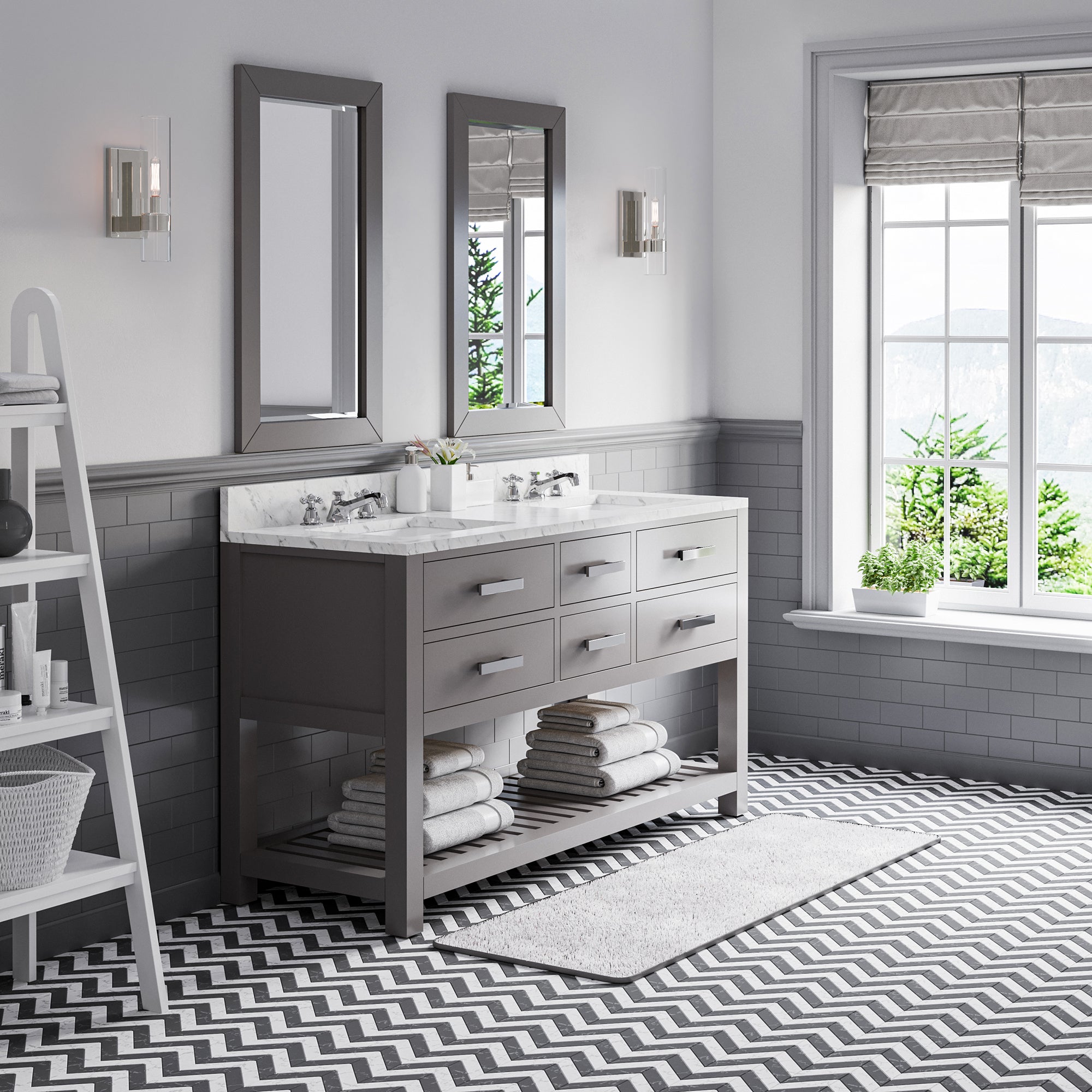 Water Creation | 60 Inch Cashmere Grey Double Sink Bathroom Vanity With 2 Matching Framed Mirrors From The Madalyn Collection | MA60CW01CG-R21000000