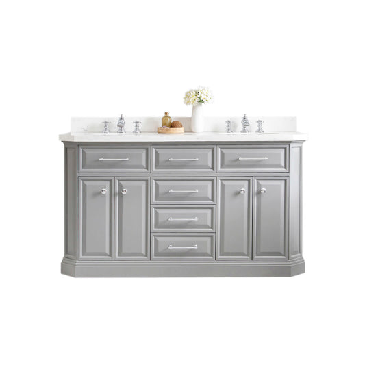 Water Creation | 60" Palace Collection Quartz Carrara Cashmere Grey Bathroom Vanity Set With Hardware And F2-0013 Faucets in Chrome Finish | PA60QZ01CG-000FX1301