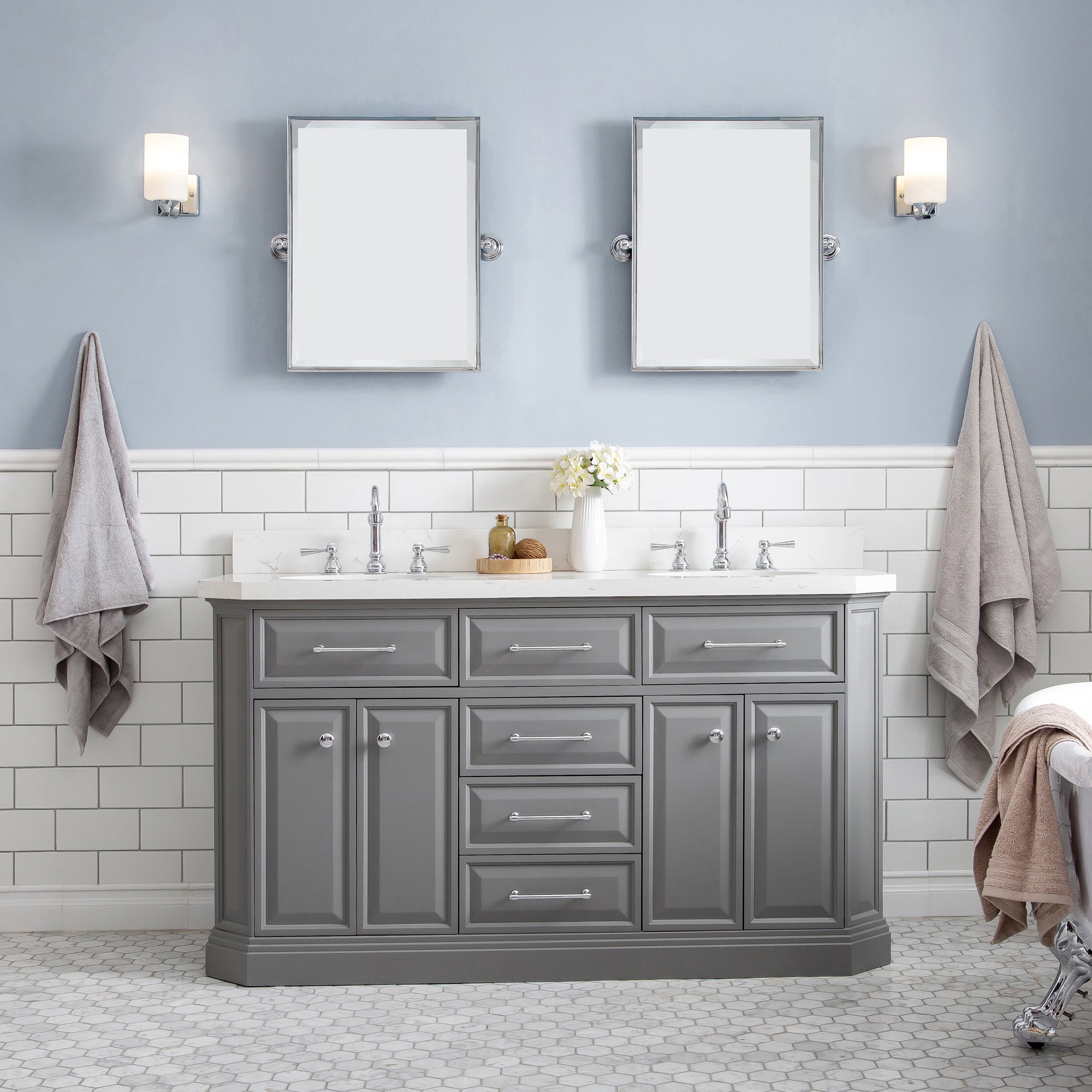 Water Creation | 60" Palace Collection Quartz Carrara Cashmere Grey Bathroom Vanity Set With Hardware And F2-0012 Faucets in Chrome Finish | PA60QZ01CG-000TL1201