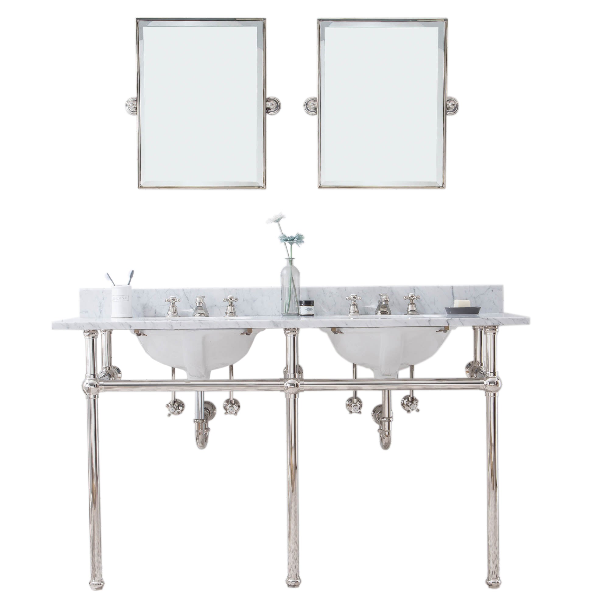 Water Creation | Embassy 60 Inch Wide Double Wash Stand, P-Trap, Counter Top with Basin, F2-0009 Faucet and Mirror included in Polished Nickel (PVD) Finish | EB60E-0509