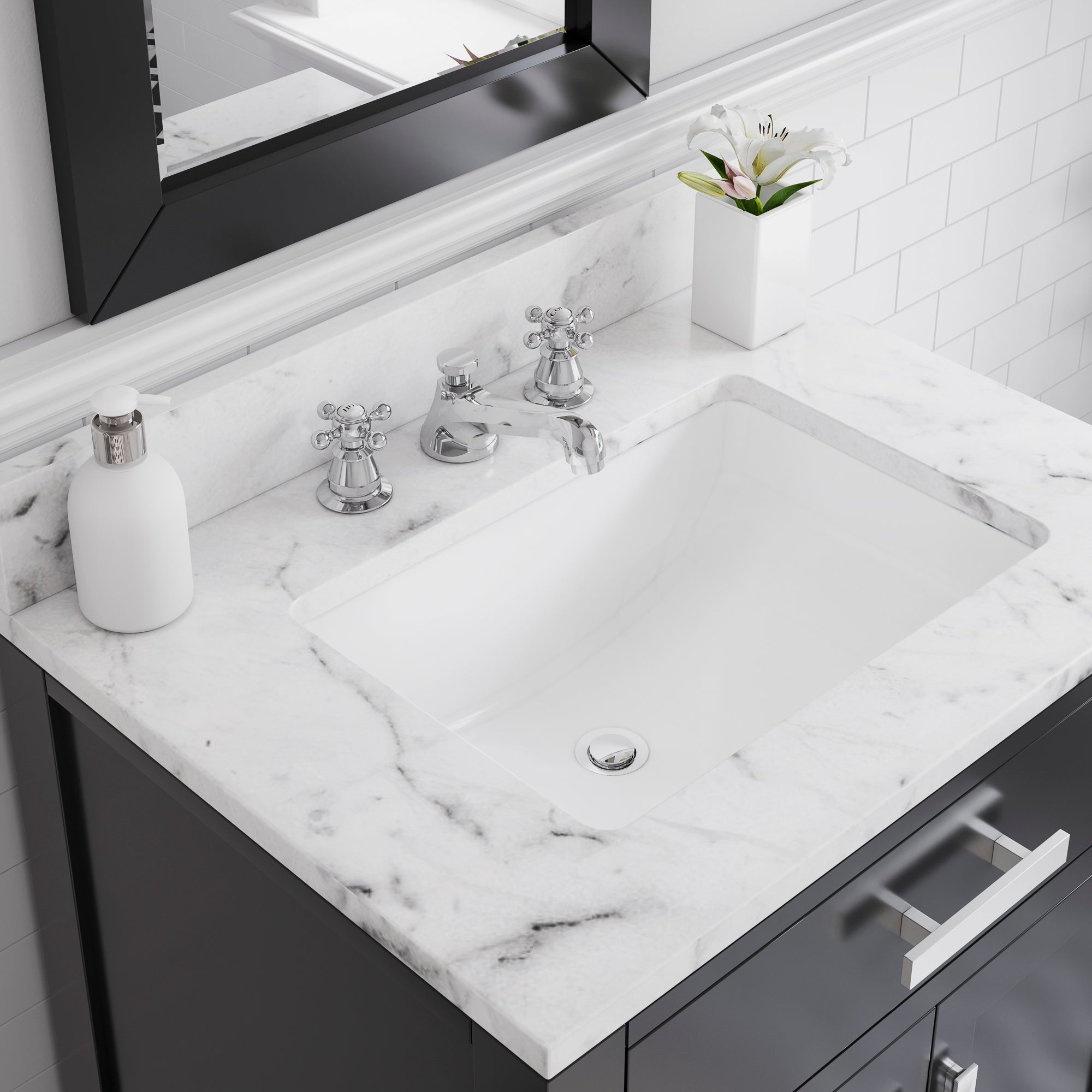 Water Creation | 30 Inch Espresso Single Sink Bathroom Vanity With Matching Framed Mirror And Faucet From The Madison Collection | MS30CW01ES-R24BX0901