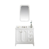 Water Creation | Queen 36-Inch Single Sink Quartz Carrara Vanity In Pure White With Matching Mirror(s) and F2-0009-05-BX Lavatory Faucet(s) | QU36QZ05PW-Q21BX0905