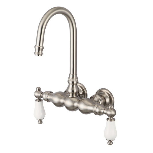 Water Creation | Vintage Classic 3.375 Inch Center Wall Mount Tub Faucet With Gooseneck Spout & Straight Wall Connector in Brushed Nickel Finish With Porcelain Lever Handles Without labels | F6-0014-02-PL