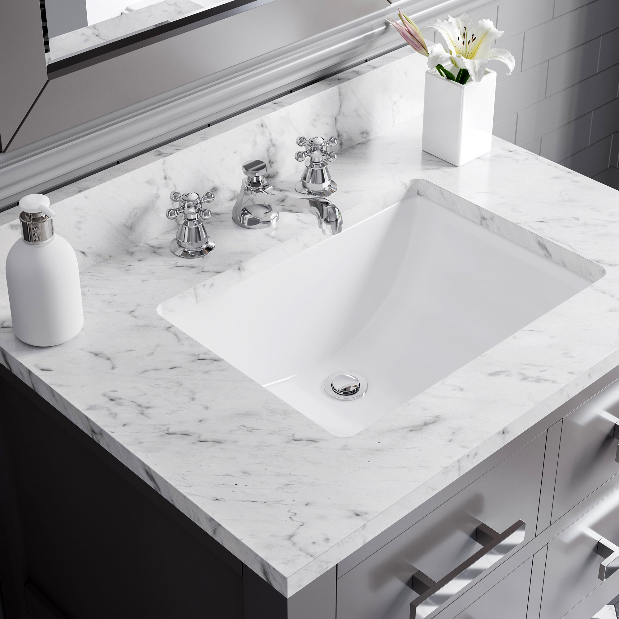 Water Creation | 30 Inch Cashmere Grey Single Sink Bathroom Vanity With Matching Framed Mirror And Faucet From The Madalyn Collection | MA30CW01CG-R24BX0901