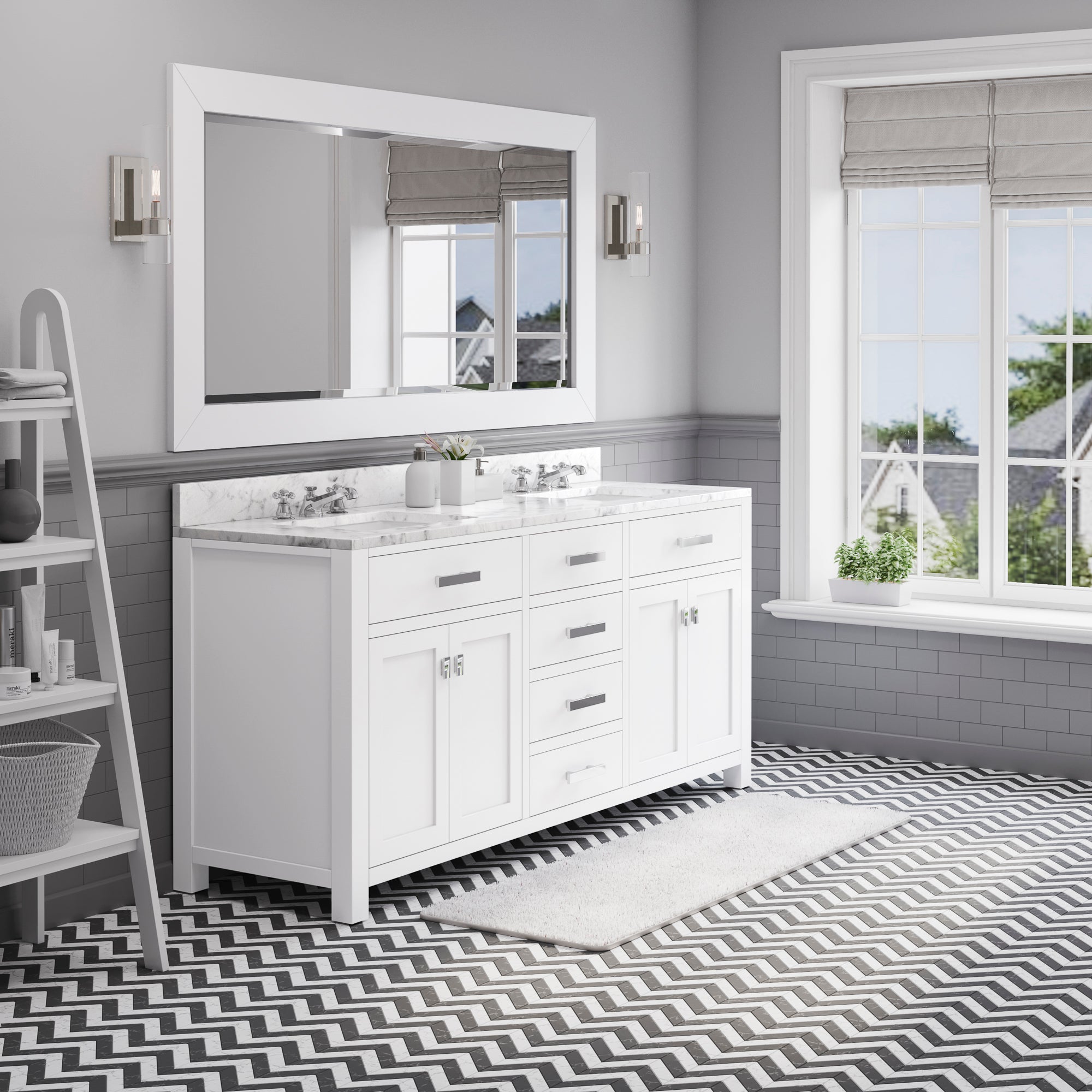 Water Creation | 72 Inch Pure White Double Sink Bathroom Vanity With Matching Large Framed Mirror From The Madison Collection | MS72CW01PW-R72000000