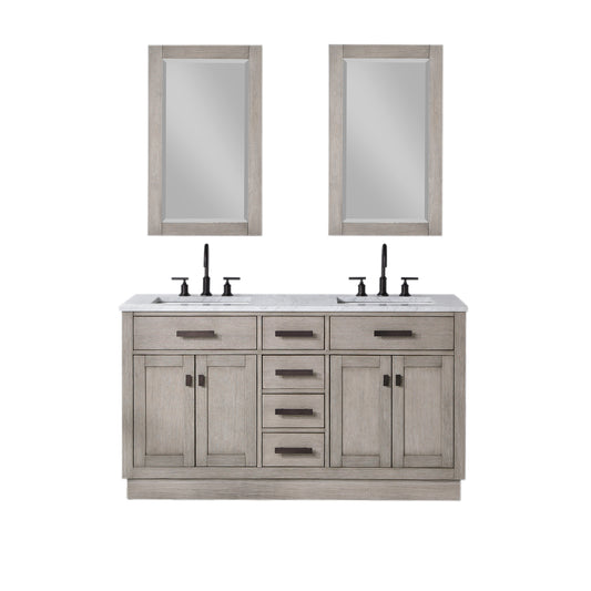 Water Creation | Chestnut 60 In. Double Sink Carrara White Marble Countertop Vanity In Grey Oak with Mirrors | CH60CW03GK-R21000000