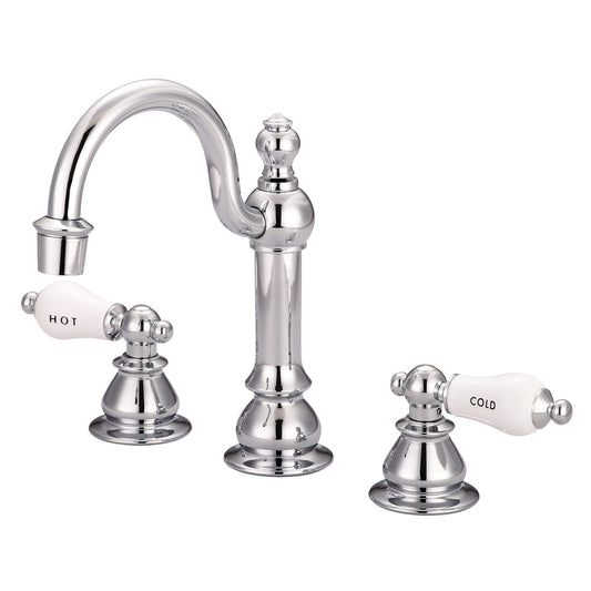 Water Creation | American 20th Century Classic Widespread Lavatory F2-0012 Faucets With Pop-Up Drain in Chrome Finish With Porcelain Lever Handles, Hot And Cold Labels Included | F2-0012-01-CL