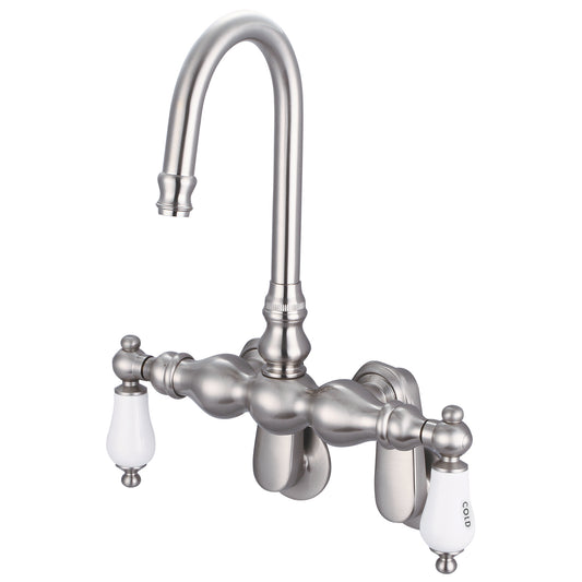Water Creation | Vintage Classic Adjustable Spread Wall Mount Tub Faucet With Gooseneck Spout & Swivel Wall Connector in Brushed Nickel Finish With Porcelain Lever Handles, Hot And Cold Labels Included | F6-0015-02-CL