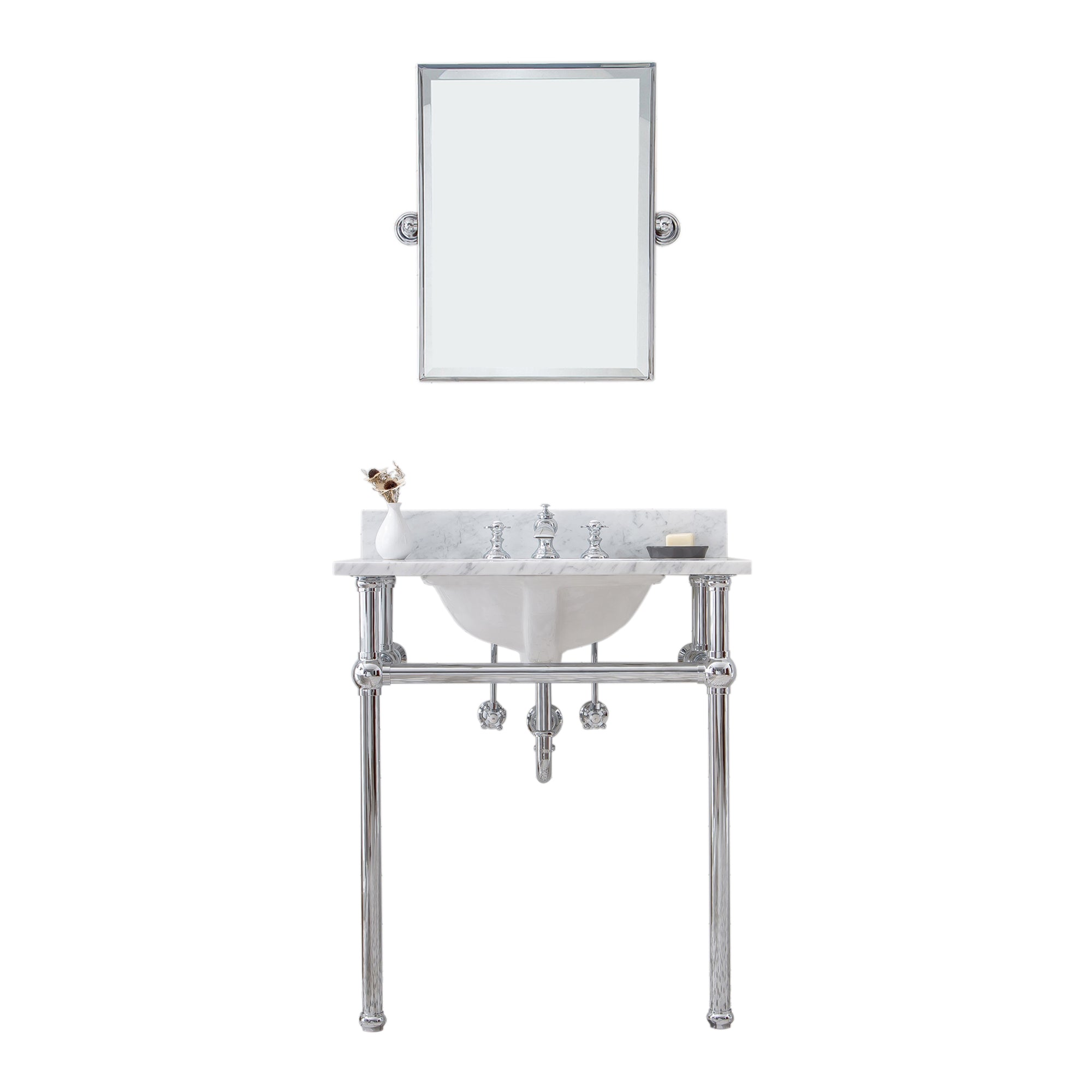 Water Creation | Embassy 30 Inch Wide Single Wash Stand, P-Trap, Counter Top with Basin, F2-0013 Faucet and Mirror included in Chrome Finish | EB30E-0113