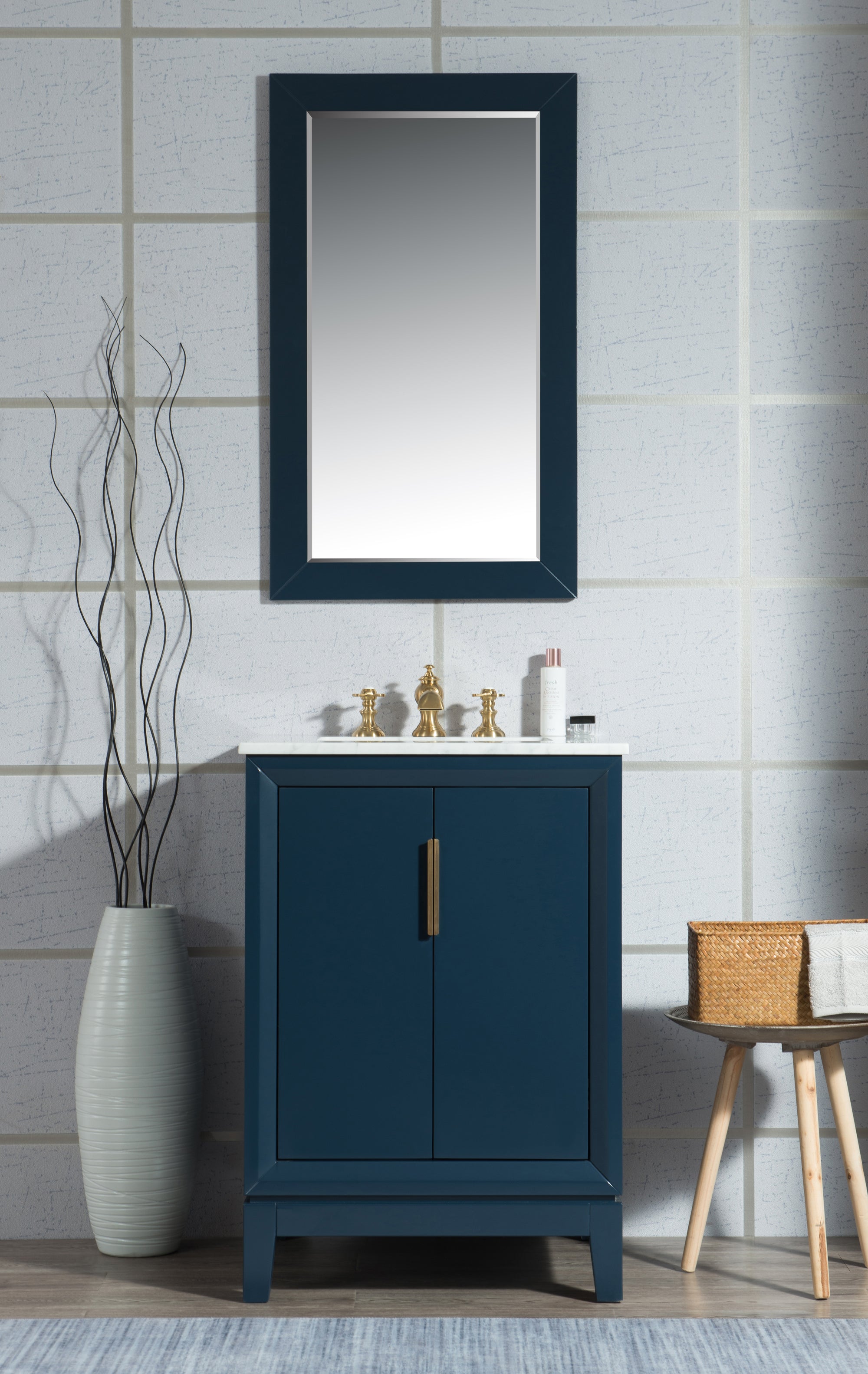 Water Creation | Elizabeth 24-Inch Single Sink Carrara White Marble Vanity In Monarch Blue With Matching Mirror(s) and F2-0013-06-FX Lavatory Faucet(s) | EL24CW06MB-R21FX1306