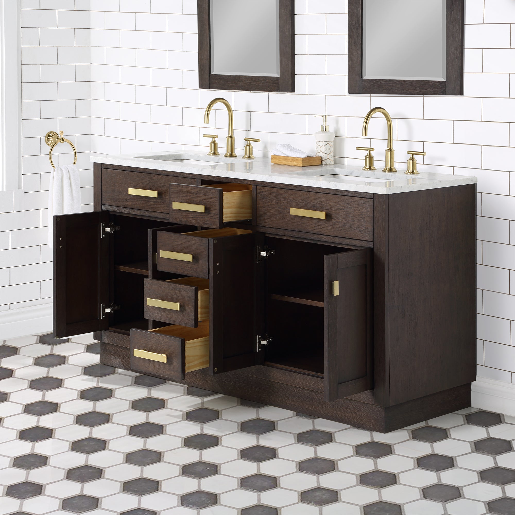 Water Creation | Chestnut 60 In. Double Sink Carrara White Marble Countertop Vanity In Brown Oak with Grooseneck Faucets | CH60CW06BK-000BL1406