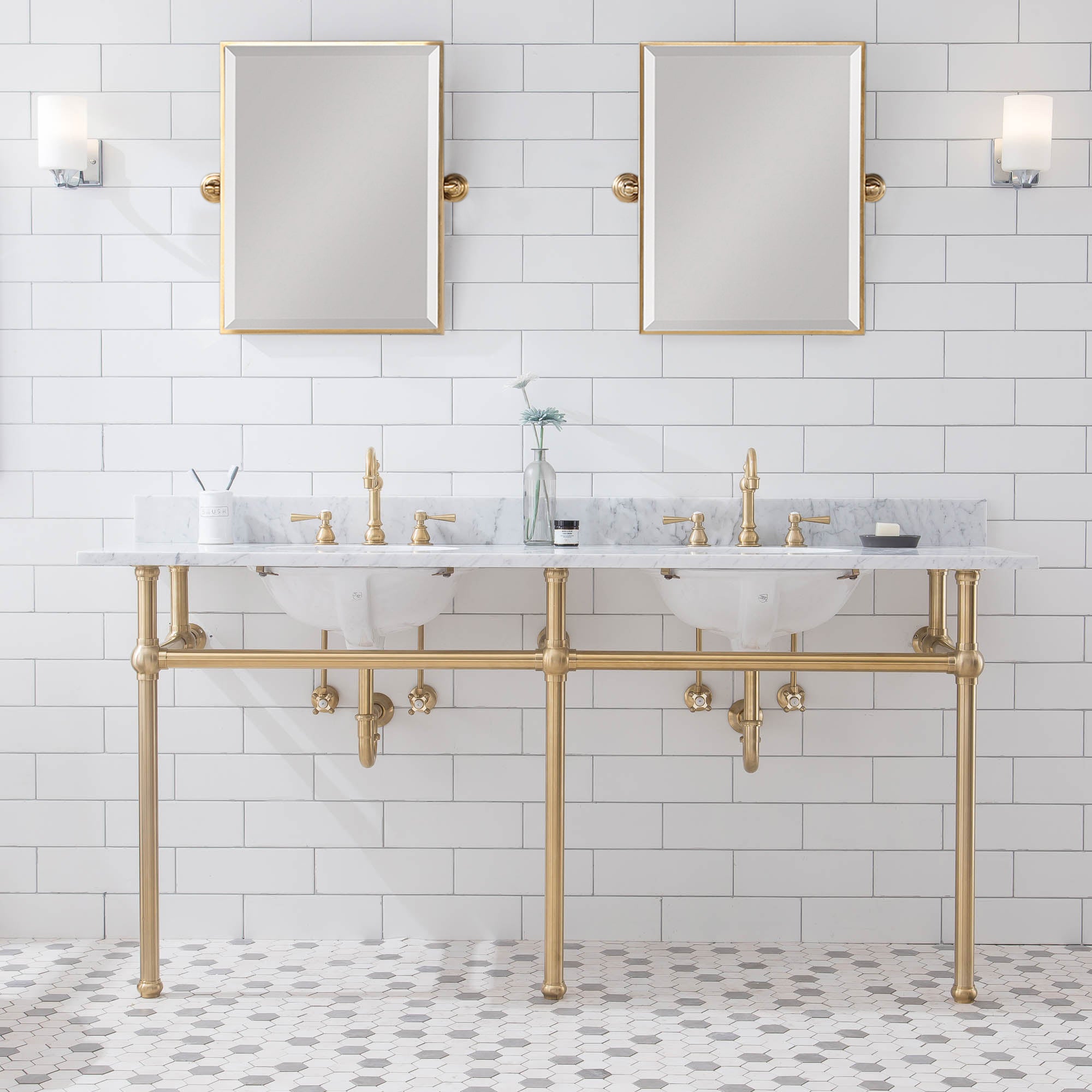 Water Creation | Embassy 72 Inch Wide Double Wash Stand, P-Trap, Counter Top with Basin, F2-0012 Faucet and Mirror included in Satin Gold Finish | EB72E-0612