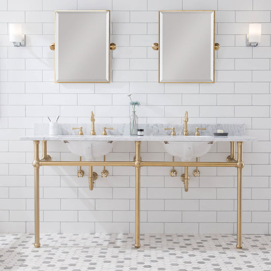 Water Creation | Embassy 72 Inch Wide Double Wash Stand, P-Trap, Counter Top with Basin, F2-0012 Faucet and Mirror included in Satin Gold Finish | EB72E-0612