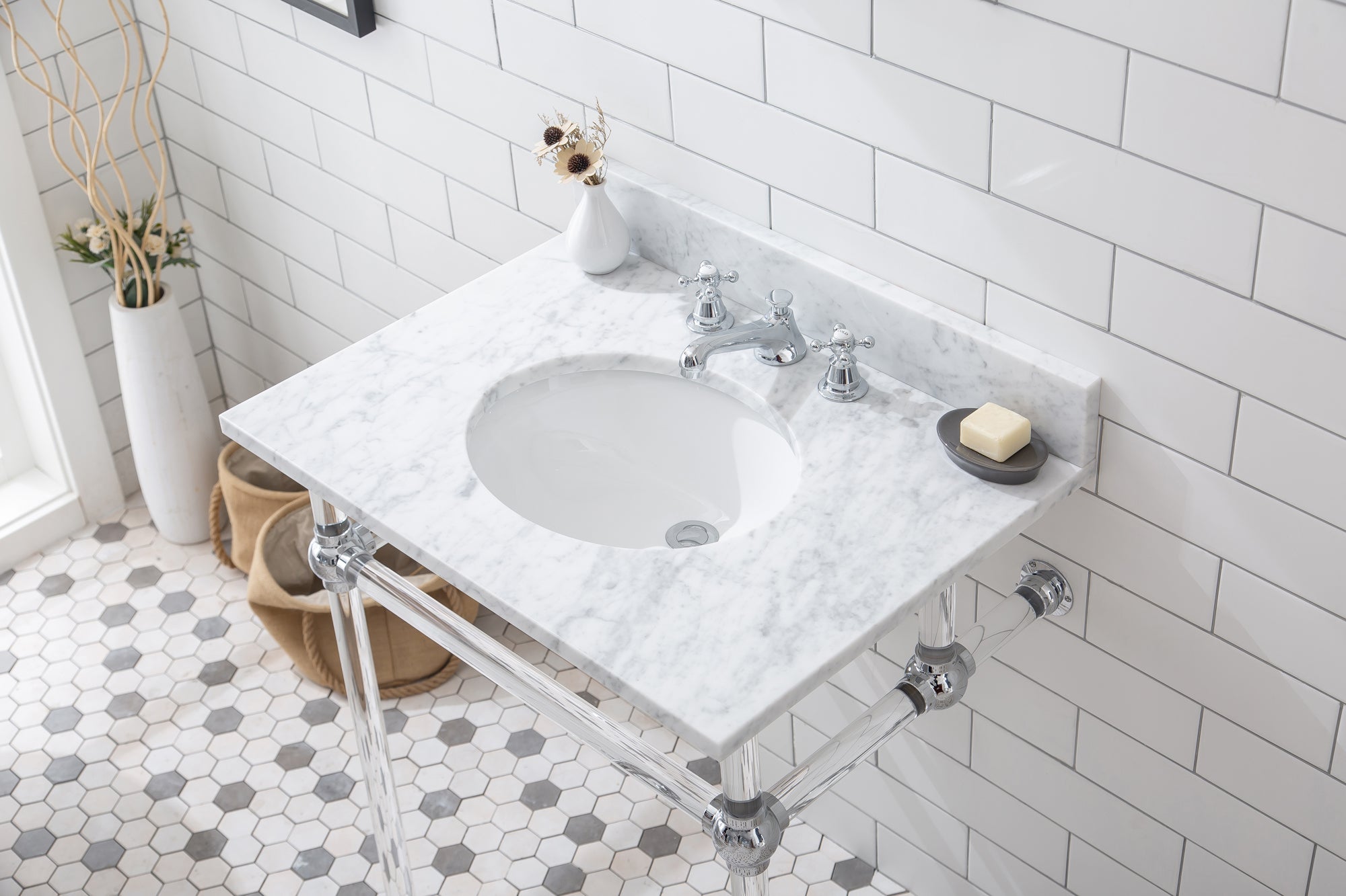 Water Creation | Empire 30 Inch Wide Single Wash Stand, P-Trap, Counter Top with Basin, and F2-0009 Faucet included in Chrome Finish | EP30D-0109