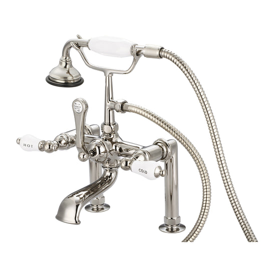 Water Creation | Vintage Classic 7 Inch Spread Deck Mount Tub Faucet With 6 Inch Risers & Handheld Shower in Polished Nickel (PVD) Finish With Porcelain Lever Handles, Hot And Cold Labels Included | F6-0006-05-CL