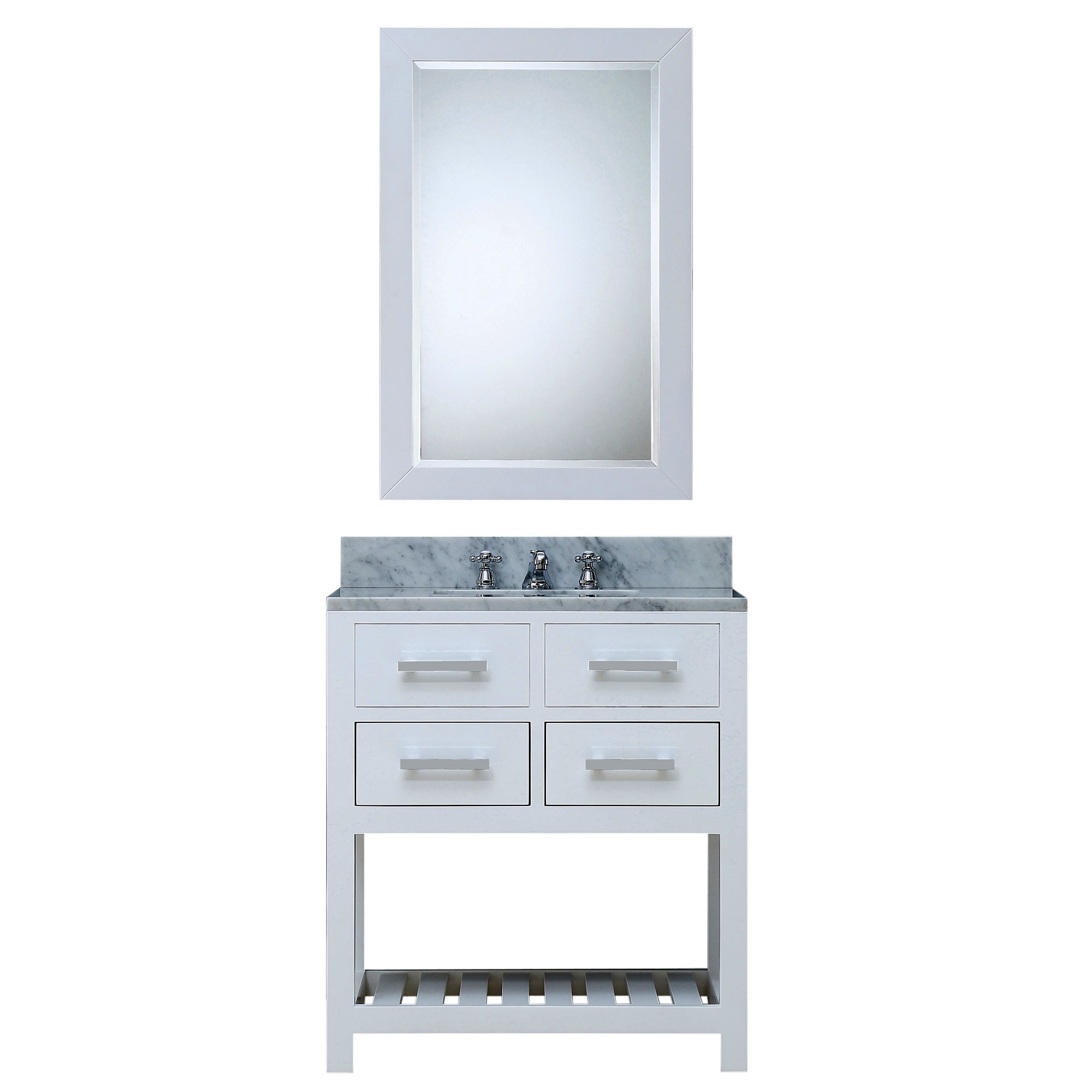 Water Creation | 30 Inch Pure White Single Sink Bathroom Vanity With Matching Framed Mirror And Faucet From The Madalyn Collection | MA30CW01PW-R24BX0901